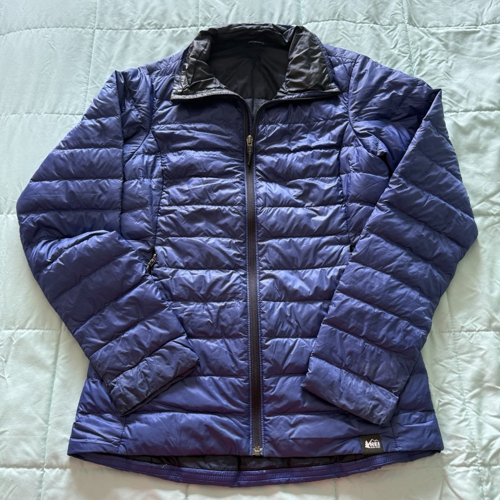 REI Co Op Lightweight Down Puffer Jacket Womens Small Navy Full Zip Packable